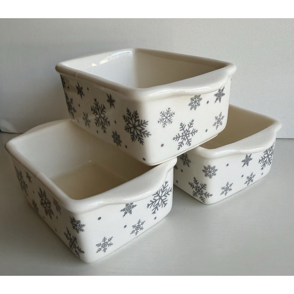 Set of 3 Christmas Mini Loaf Pans Snowflake Ceramic Oven Safe Baking Dish 6" New